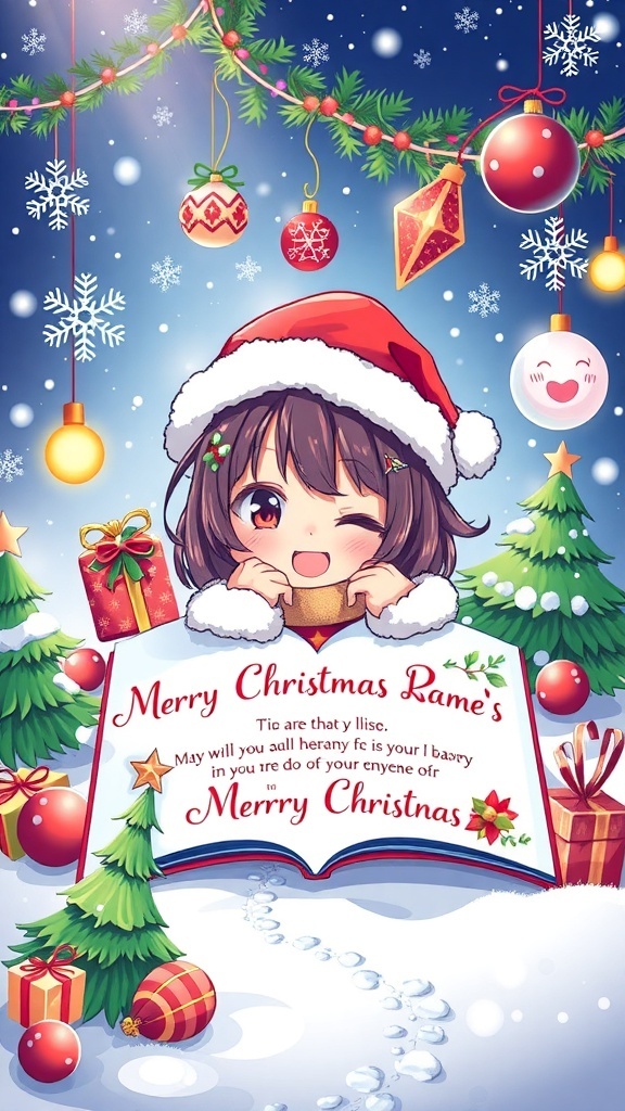 Anime-Inspired Christmas Card Design Anime Christmas card design with festive character and decorations.